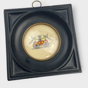 VTG Small Wood Square Framed Art Red Carriage? Domed Glass Gallery Wall Academia